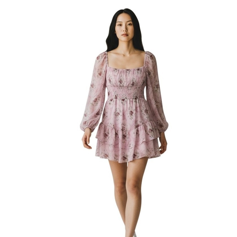 B. Darlin Pink Floral Smocked Square‎ Neck Tiered Mini Dress Z32AV82 Size 9/10